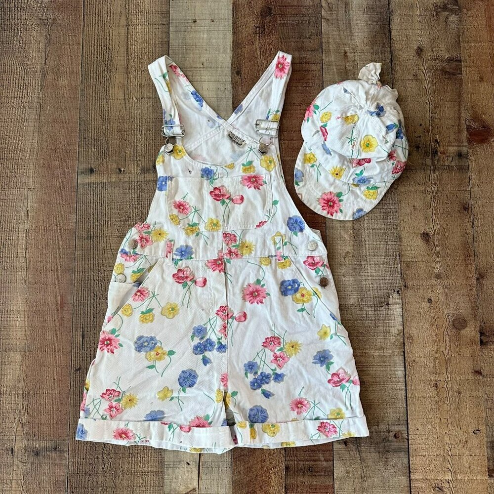 Vintage Overalls & Hat Set For Girls Floral Print White Pink Yellow Blue Size 12